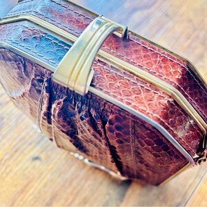 Vintage Red-Brown Snakeskin Box Clutch with Gold Trim